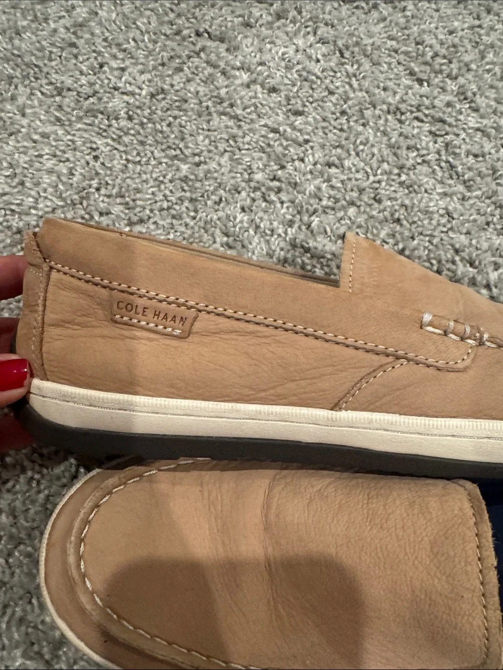 Cole Haan Tan Suede Slip-On Loafers with Navy Insoles